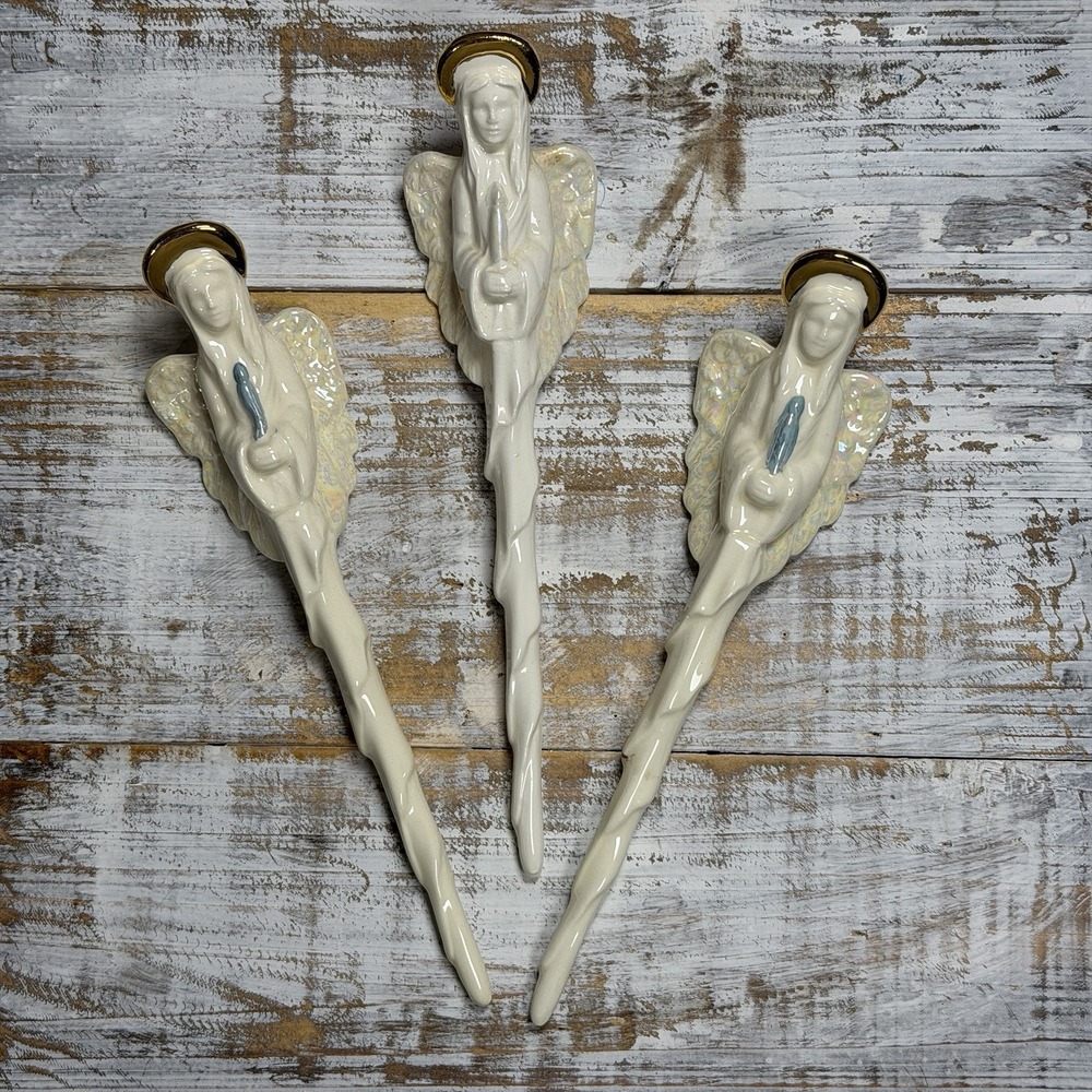 Vintage Angel Pencil Icicle Christmas Ornament (3) White Natural Bisque w Blue‎